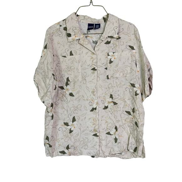 Basic Edition VINTAGE tan white floral Rayon button up short sleeve blouse LARGE - Picture 1 of 6